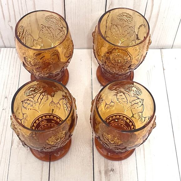 Anthropologie Rare & Retired HELIANTHUS Amber Water Daisy Pedestal Goblets Set 4 - Picture 7 of 10